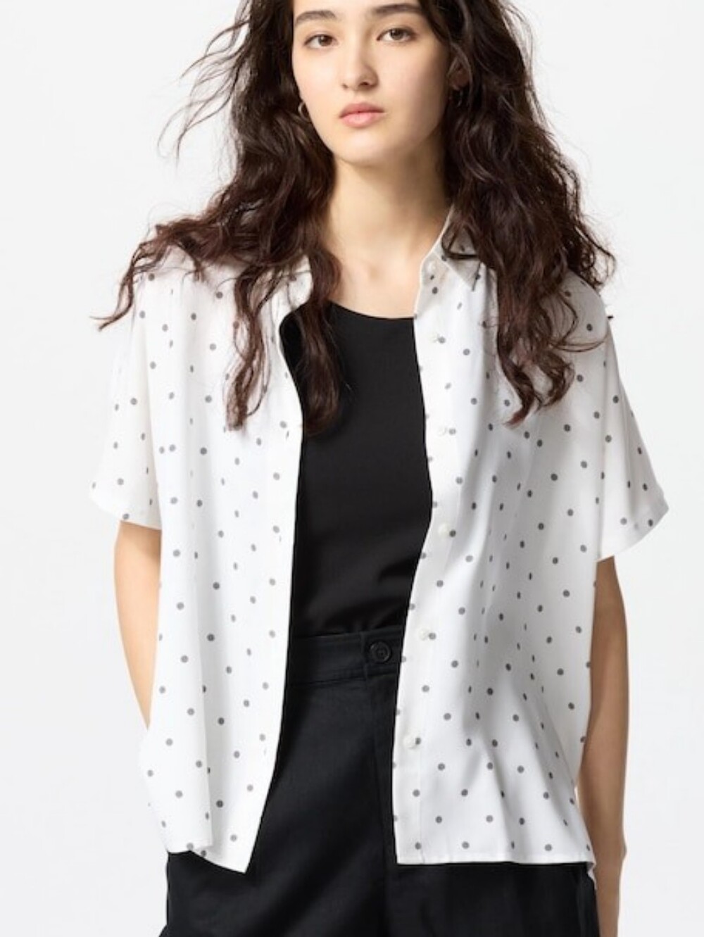 Uniqlo Polka Dot Print Rayon Short Sleeve Button Down Blouse